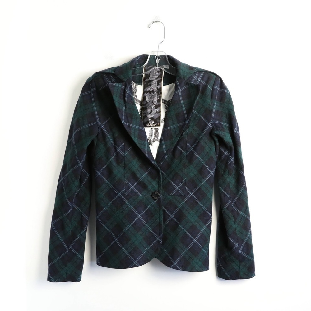 LAMB Gwen Stefani plaid blazer green blue jacket school uniform fitted Y2K wool